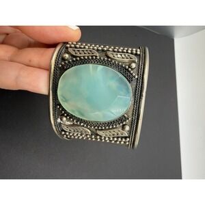 Vintage Cuff Bracelet Chucky Large Boho Silver Tone Glass Stone